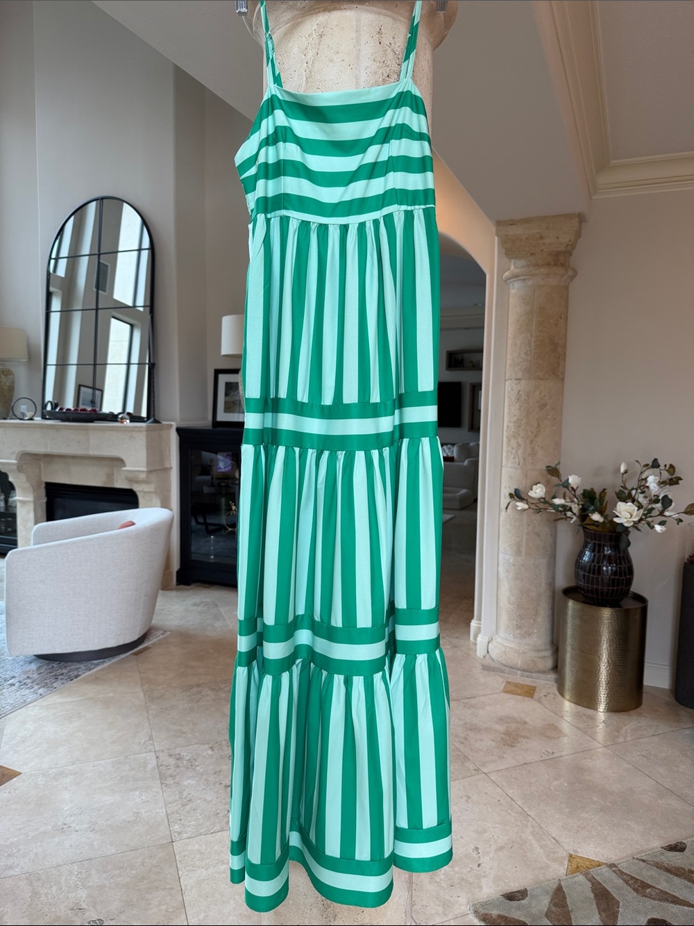 Green and White Striped Spaghetti‑Strap Maxi Dress
